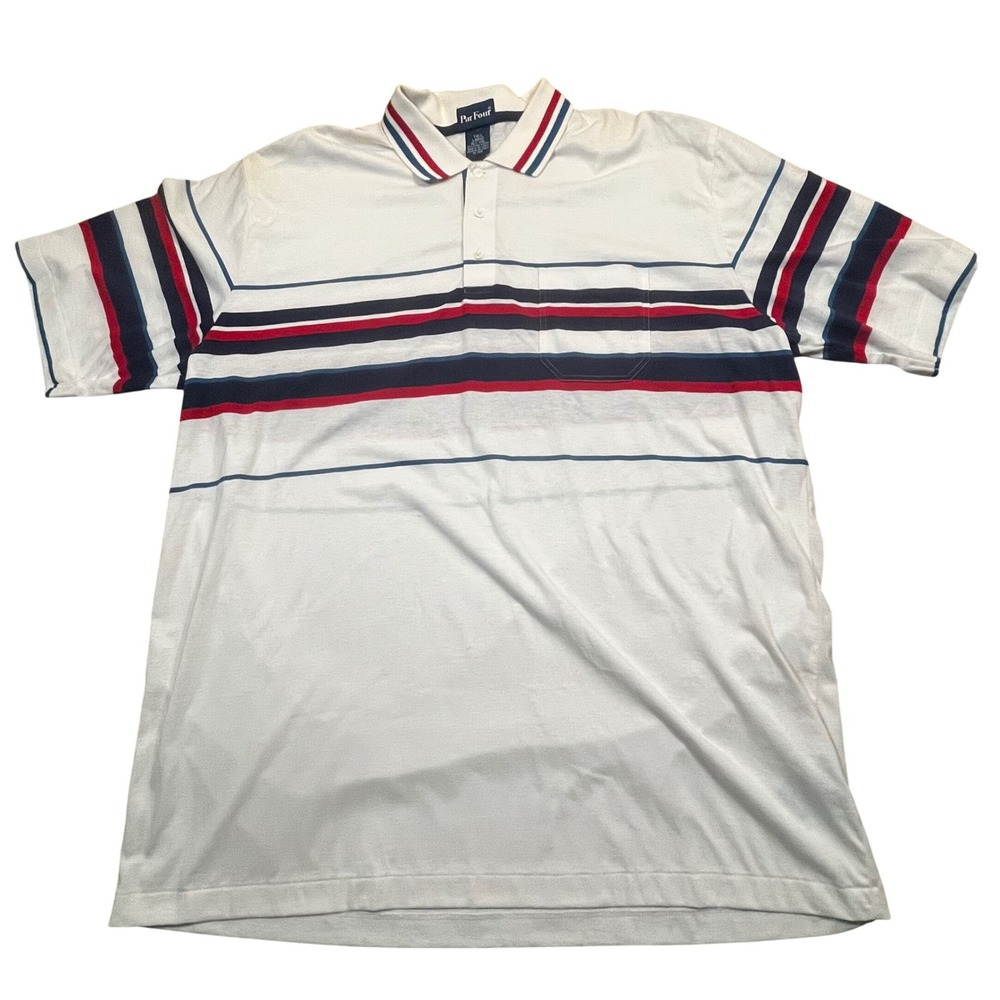 Par Four Mens XLT Tall Polo Shirt White Striped Short Sleeve Cotton Golf Pocket